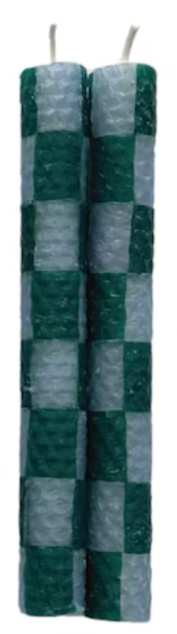 Checkered Beeswax Taper Candles, Set of 2 - Light Blue & Green