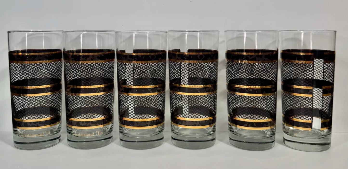 MCM Tortoise Shell + Gold Band Highball Glasses, Set of 6