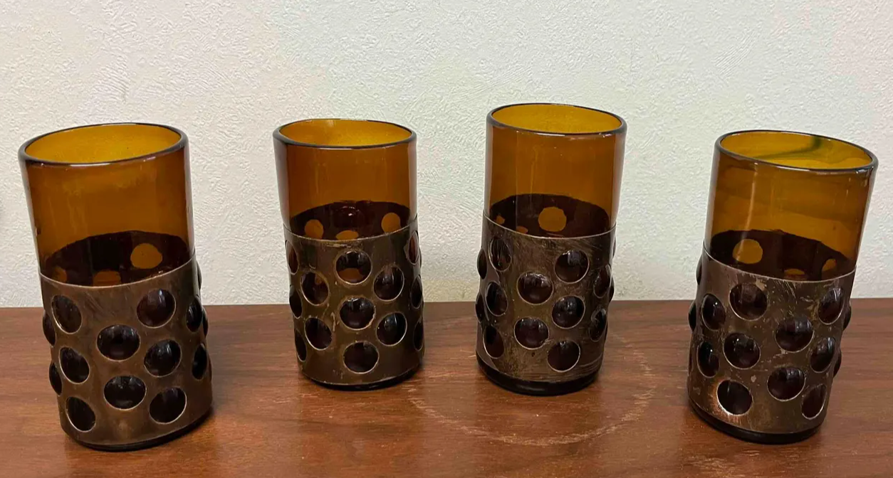 Vintage Felipe Derflinger Brutalist Amber Glass and Metal Tumblers, Set of 4