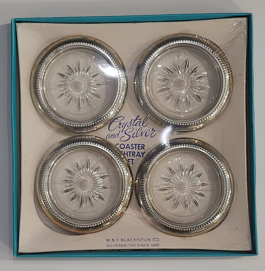 Italian Vintage Crystal and Silver Coaster Ashtray, Set of 4
