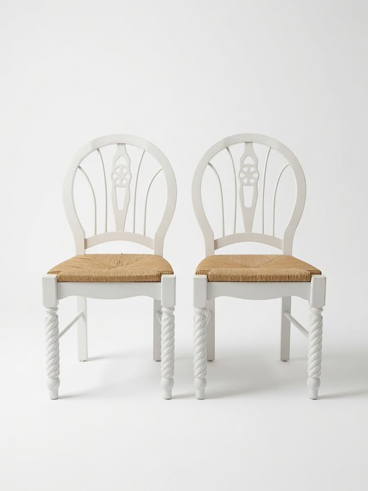 White Wood & Wicker Chairs, Set of 4
