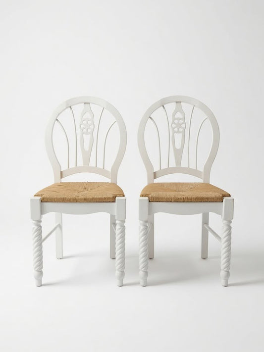 White Wood & Wicker Chairs, Set of 4