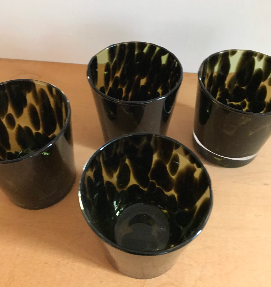 Vintage Neiman Marcus Tortoiseshell Green Glass Tumblers, Set of 4
