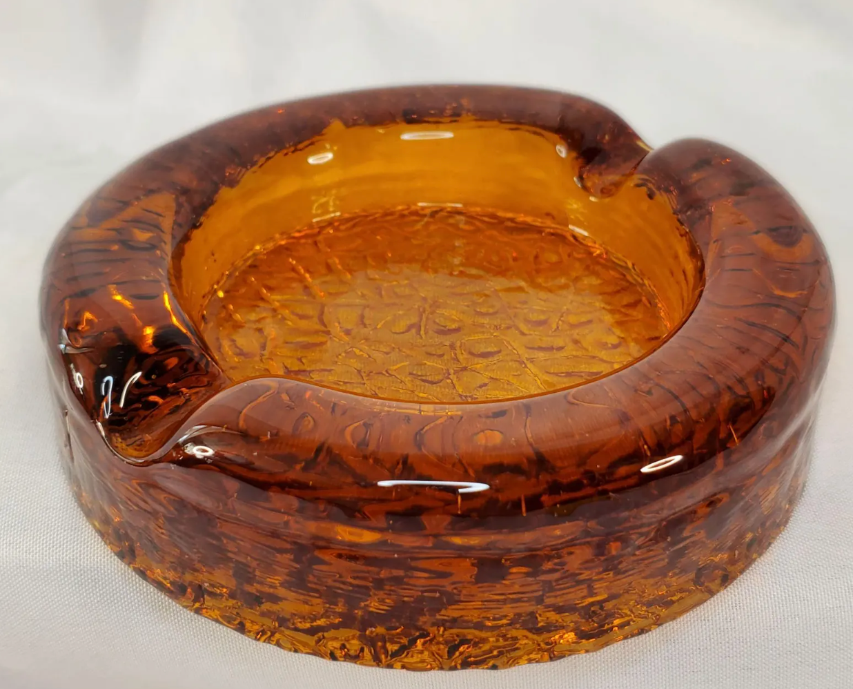Vintage MCM Amber Glass Ashtray With Textured Design
