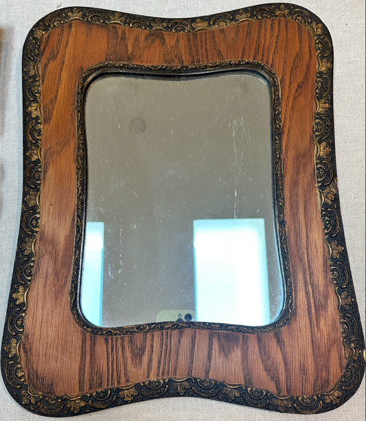 Vintage Curved Oak Veneer with Gold Gilded Floral Wood Applique Trim Accent Mirror