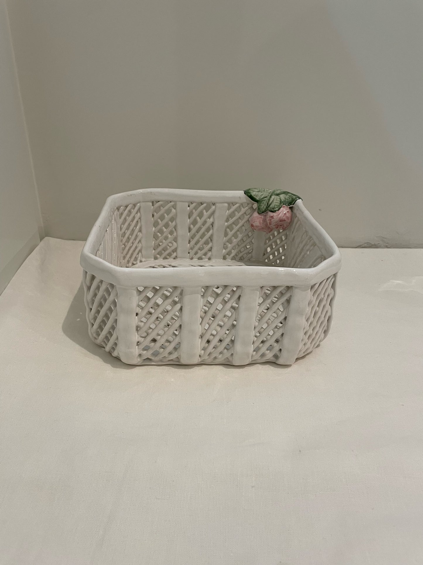 White Porcelain Basket with Cherry Decoration