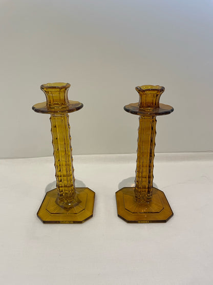 Pair of Amber Glass Candlesticks