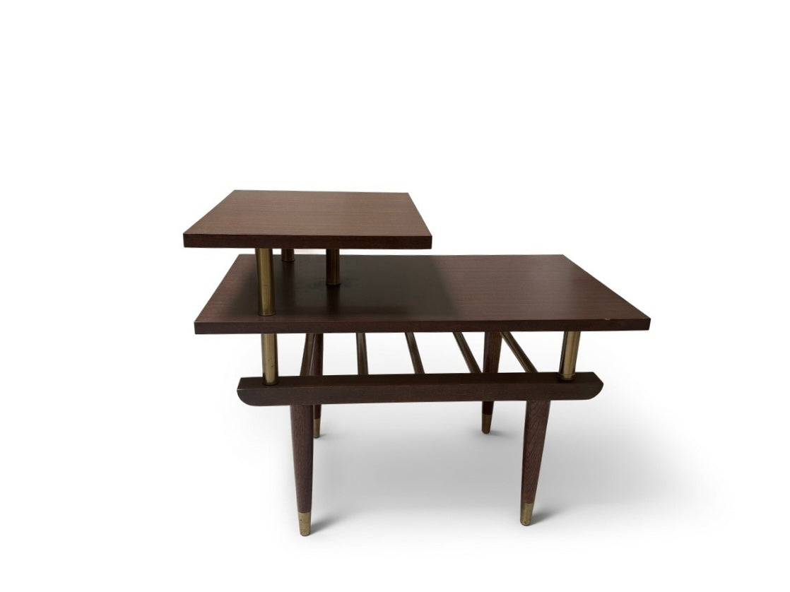 JBID- Mid-Century Modern Tiered End Table with Dark Wood Brass Accents