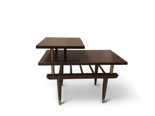 JBID- Mid-Century Modern Tiered End Table with Dark Wood Brass Accents