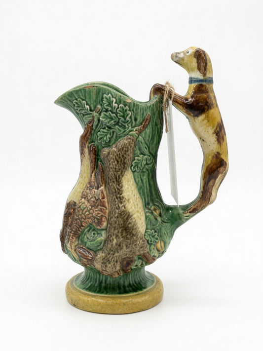 Vintage Portuguese Majolica Pitcher with a Dog Handle and Animal Motifs