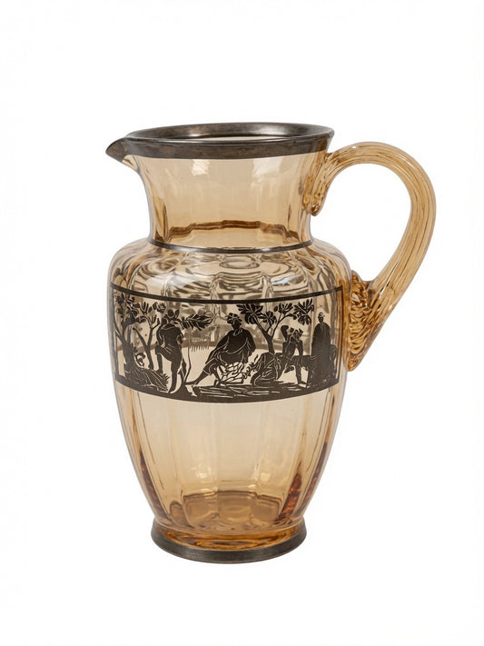 Amber Glass Pitcher with Detailed Metallic Overlay and Ribbed Handle Christofle- JBID