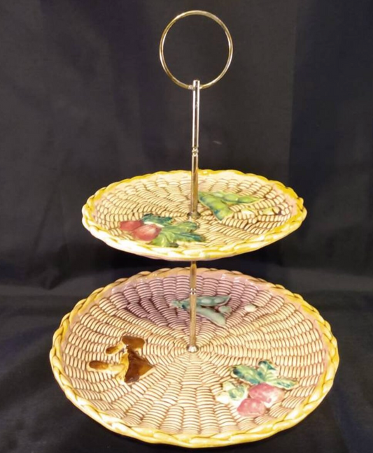 Tilso Japan Wicker-look Two Tier Ceramic Tidbit Tray with Vegetable Motif